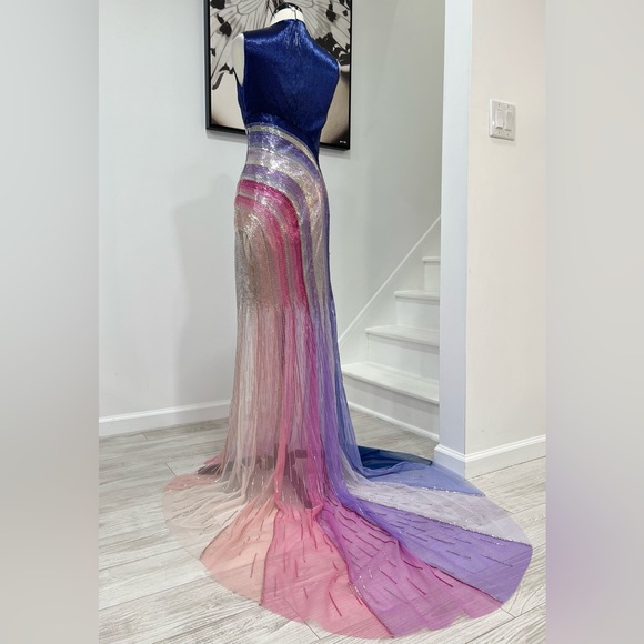 GEORGES HOBEIKA Multicolor Beaded Tulle Sleeveless Train Gown Maxi Dress - Picture 10 of 13